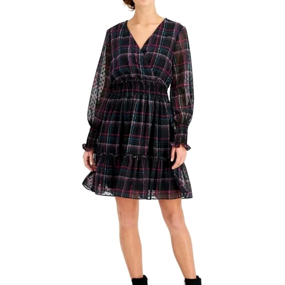 TAYLOR RUFFLE CUFF PLAID PURPLE & BLACK DRESS Size 2 Dark fairy Whimsigoth